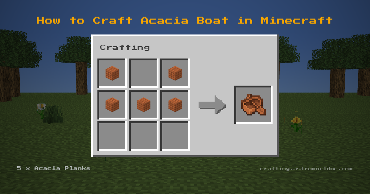 Minecraft crafting recipe for Acacia Boat: 5 x Acacia Planks in a crafting table, making 1 Acacia Boat.