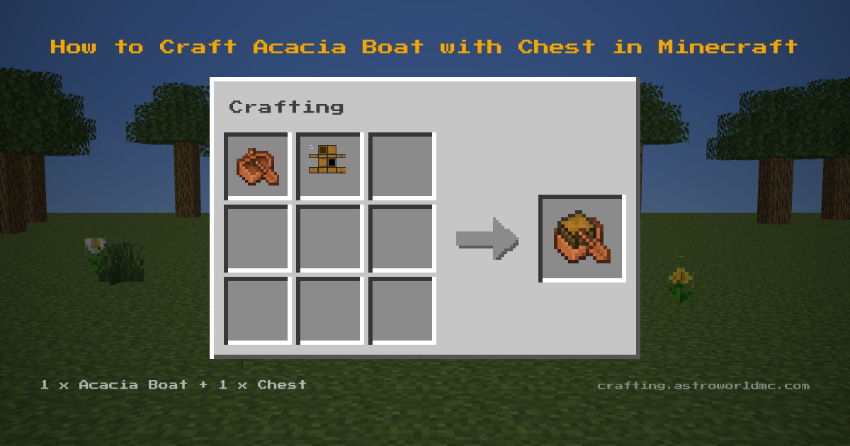Minecraft crafting recipe for Acacia Boat with Chest: 1 x Acacia Boat, 1 x Chest in a crafting table, making 1 Acacia Boat with Chest.