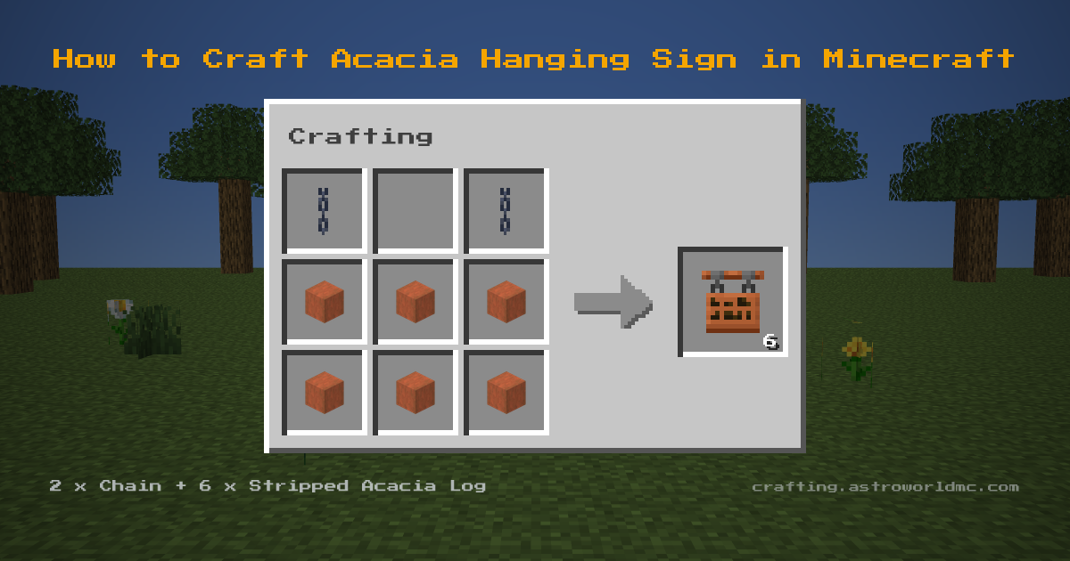 Minecraft crafting recipe for Acacia Hanging Sign: 2 x Chain, 6 x Stripped Acacia Log in a crafting table, making 6 Acacia Hanging Sign.