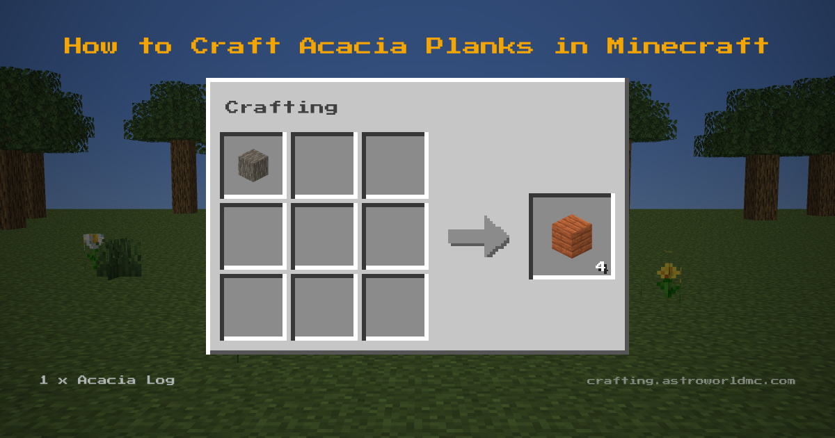 Minecraft crafting recipe for Acacia Planks: 1 x Acacia Log in a crafting table, making 4 Acacia Planks.