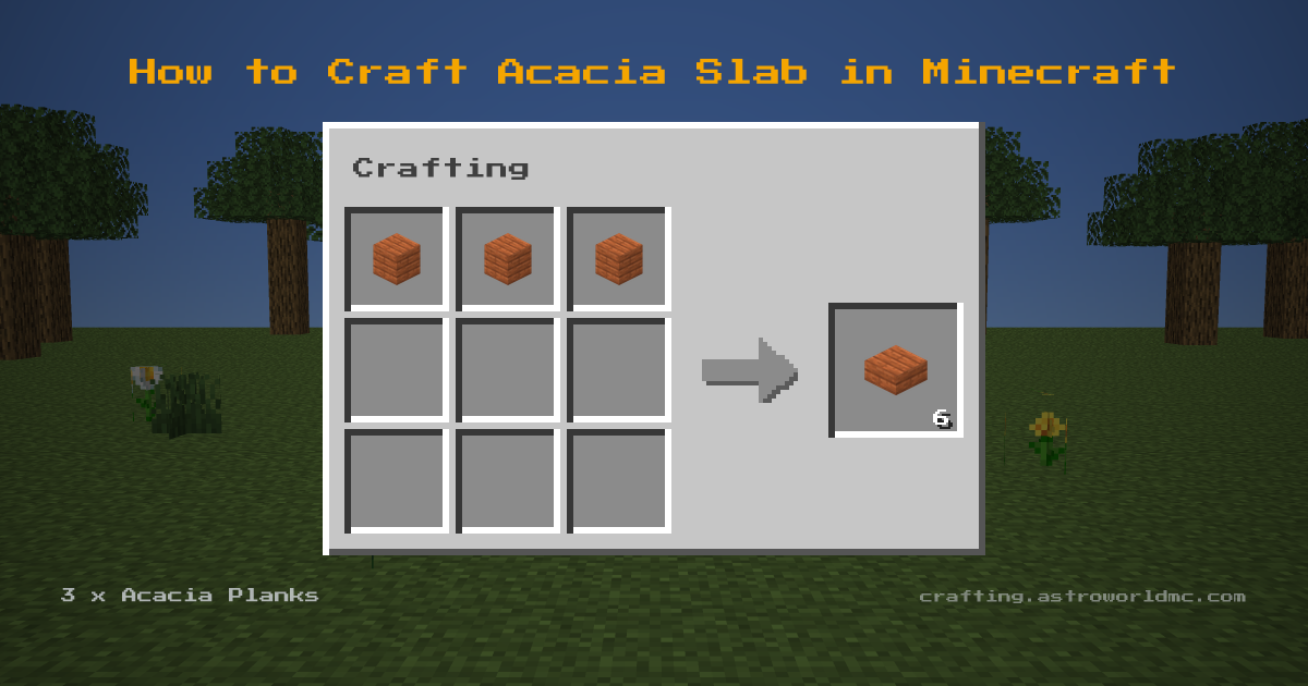 Minecraft crafting recipe for Acacia Slab: 3 x Acacia Planks in a crafting table, making 6 Acacia Slab.
