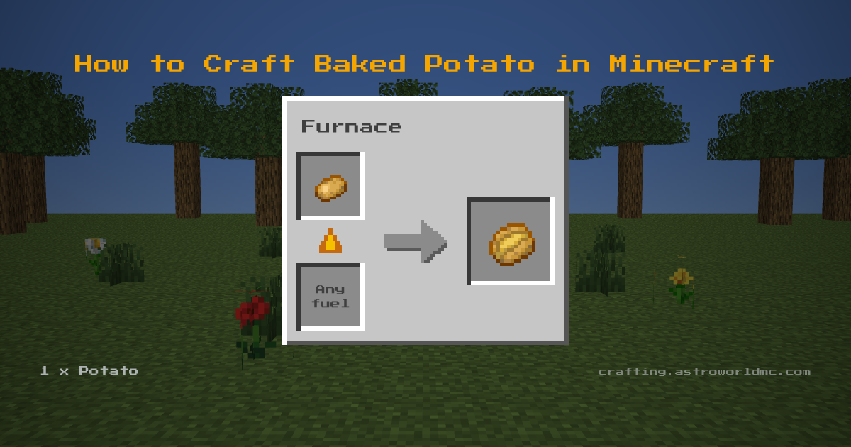 Minecraft crafting recipe for Baked Potato: 1 x Potato in a furnace, making 1 Baked Potato.