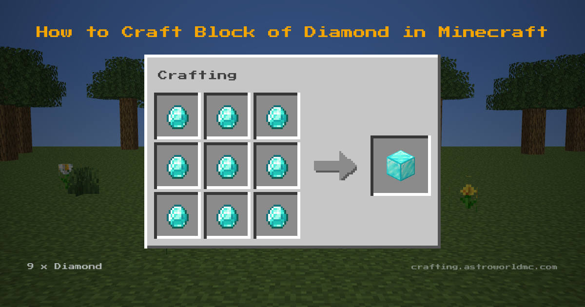 Minecraft crafting recipe for Block of Diamond: 9 x Diamond in a crafting table, making 1 Block of Diamond.