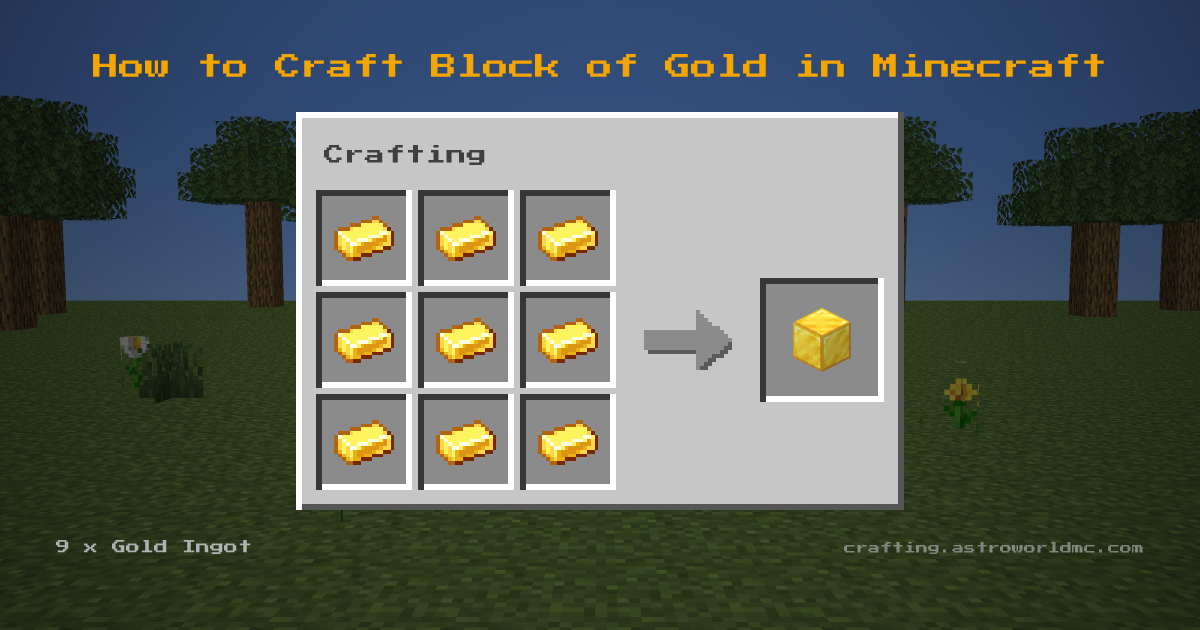 Minecraft crafting recipe for Block of Gold: 9 x Gold Ingot in a crafting table, making 1 Block of Gold.