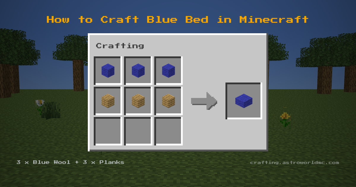 Minecraft crafting recipe for Blue Bed: 3 x Blue Wool, 3 x Planks in a crafting table, making 1 Blue Bed.