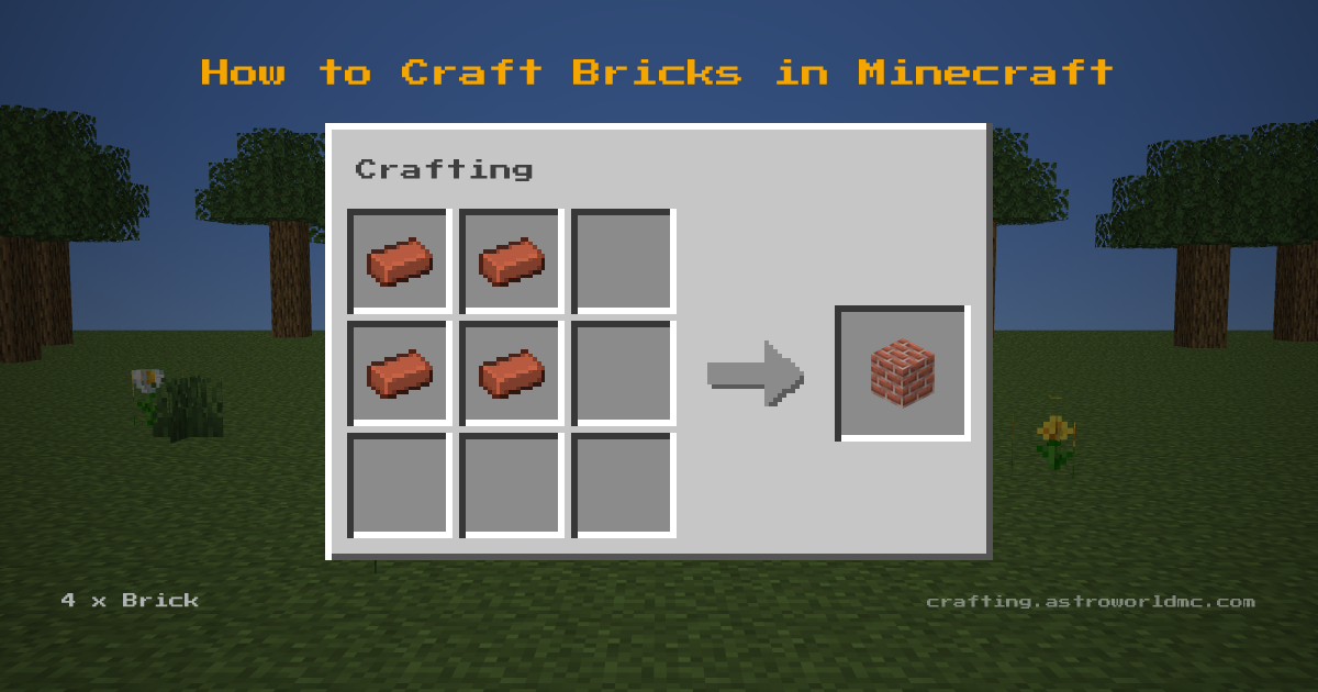 Minecraft crafting recipe for Bricks: 4 x Brick in a crafting table, making 1 Bricks.