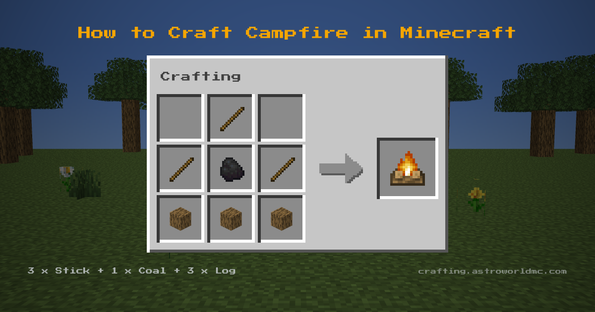 Minecraft crafting recipe for Campfire: 3 x Stick, 1 x Coal, 3 x Log in a crafting table, making 1 Campfire.