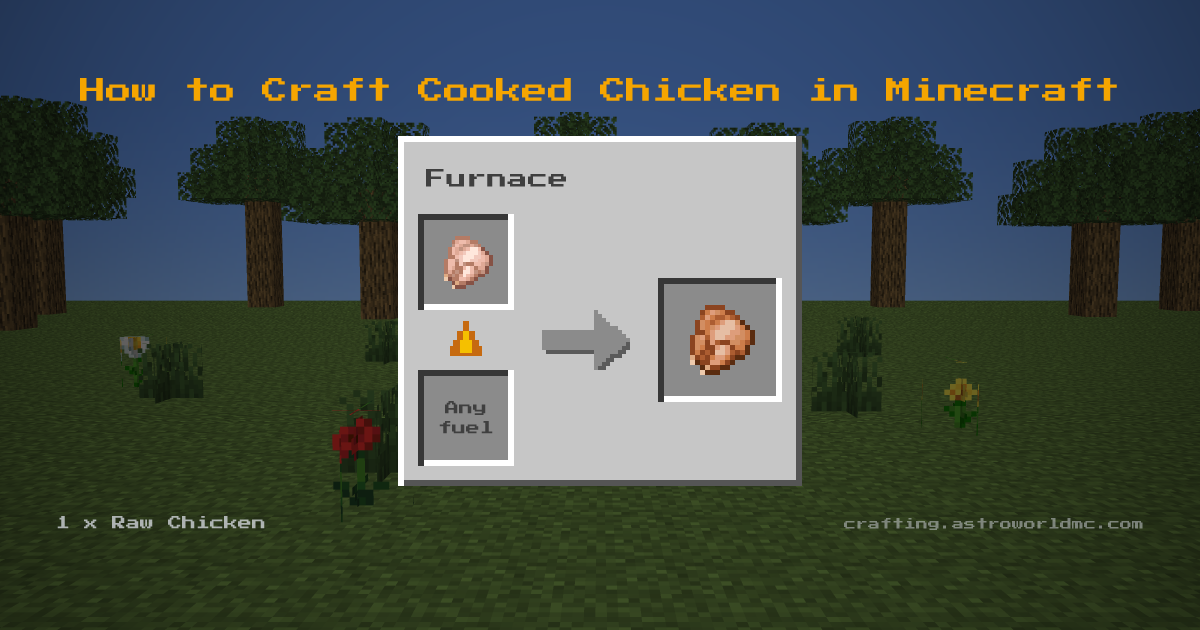 Minecraft crafting recipe for Cooked Chicken: 1 x Raw Chicken in a furnace, making 1 Cooked Chicken.
