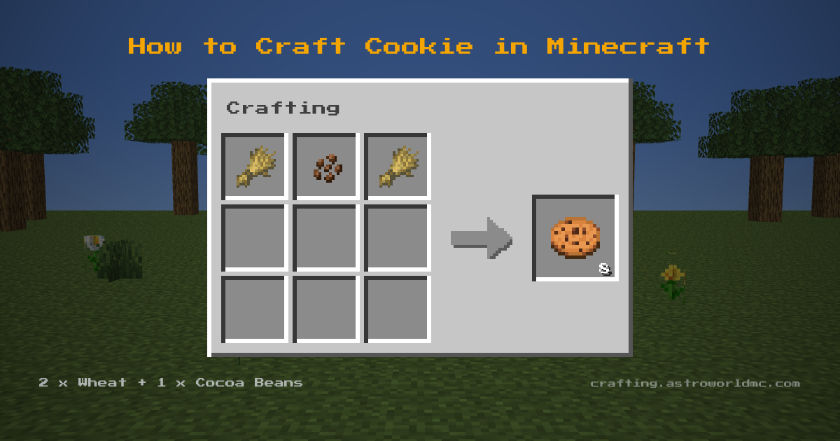 Minecraft crafting recipe for Cookie: 2 x Wheat, 1 x Cocoa Beans in a crafting table, making 8 Cookie.