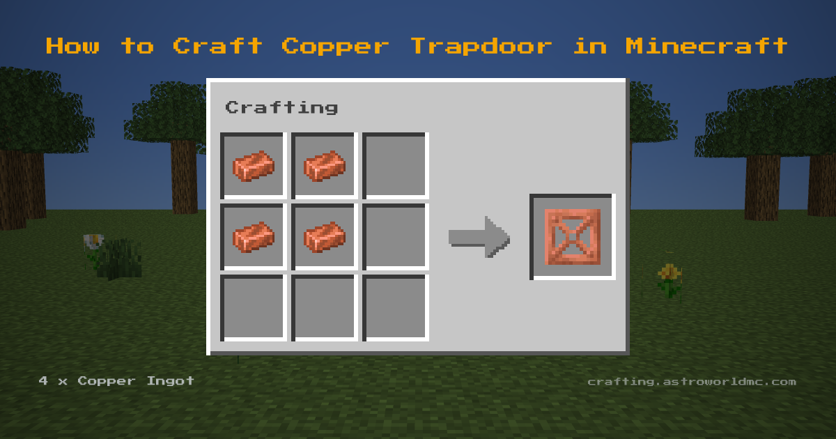 Minecraft crafting recipe for Copper Trapdoor: 4 x Copper Ingot in a crafting table, making 1 Copper Trapdoor.