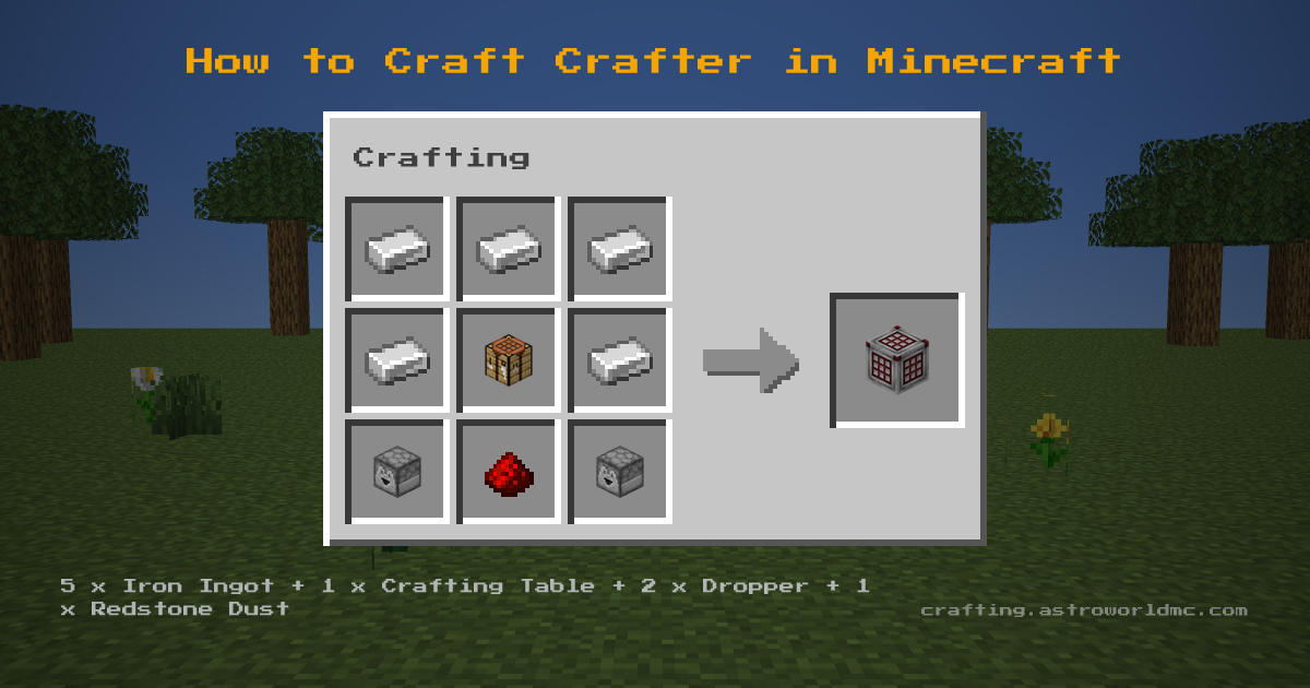 Minecraft crafting recipe for Crafter: 5 x Iron Ingot, 1 x Crafting Table, 2 x Dropper, 1 x Redstone Dust in a crafting table, making 1 Crafter.
