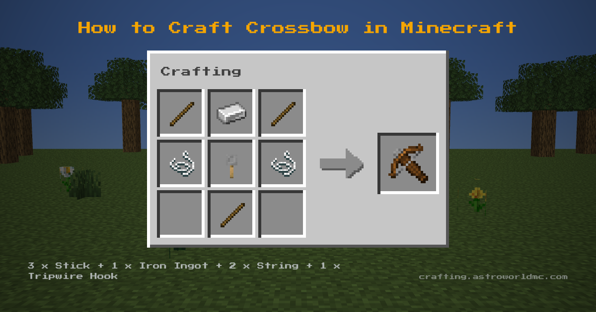 Minecraft crafting recipe for Crossbow: 3 x Stick, 1 x Iron Ingot, 2 x String, 1 x Tripwire Hook in a crafting table, making 1 Crossbow.