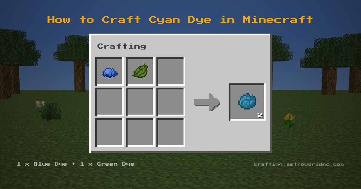 Minecraft crafting recipe for Cyan Dye: 1 x Blue Dye, 1 x Green Dye in a crafting table, making 2 Cyan Dye.
