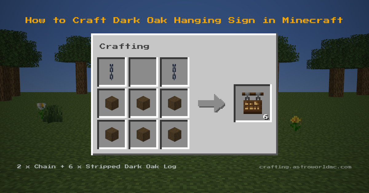 Minecraft crafting recipe for Dark Oak Hanging Sign: 2 x Chain, 6 x Stripped Dark Oak Log in a crafting table, making 6 Dark Oak Hanging Sign.