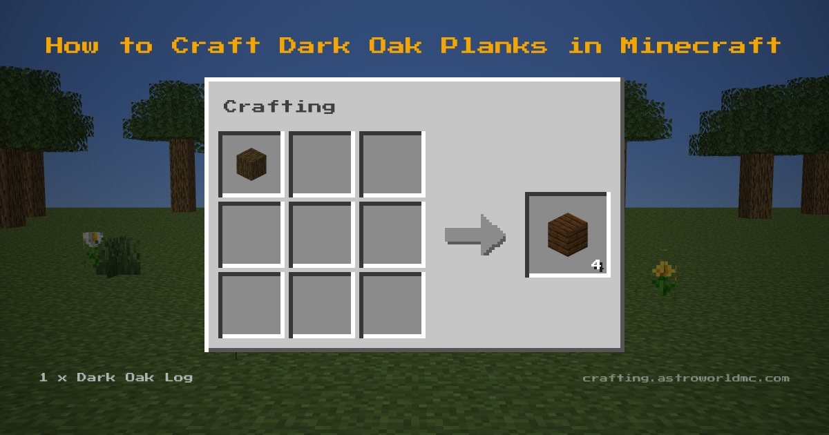Minecraft crafting recipe for Dark Oak Planks: 1 x Dark Oak Log in a crafting table, making 4 Dark Oak Planks.