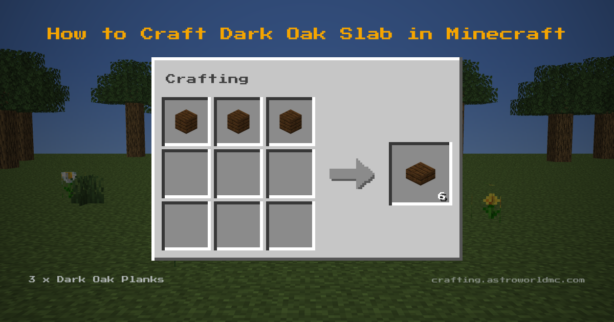 Minecraft crafting recipe for Dark Oak Slab: 3 x Dark Oak Planks in a crafting table, making 6 Dark Oak Slab.