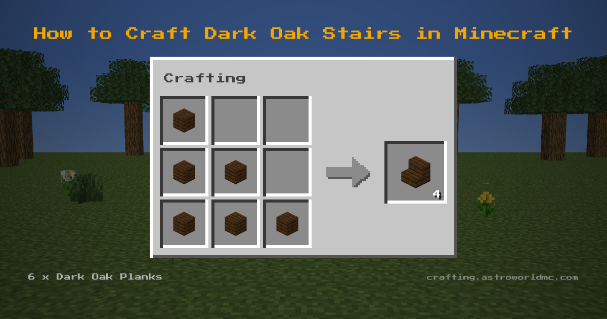 Minecraft crafting recipe for Dark Oak Stairs: 6 x Dark Oak Planks in a crafting table, making 4 Dark Oak Stairs.