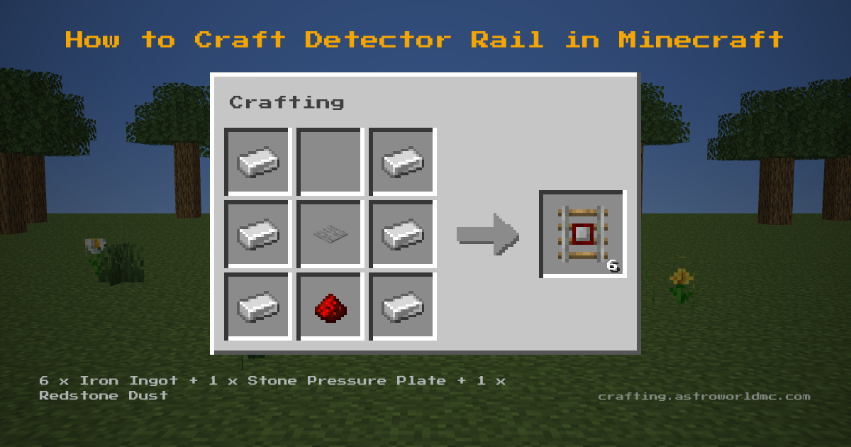 Minecraft crafting recipe for Detector Rail: 6 x Iron Ingot, 1 x Stone Pressure Plate, 1 x Redstone Dust in a crafting table, making 6 Detector Rail.