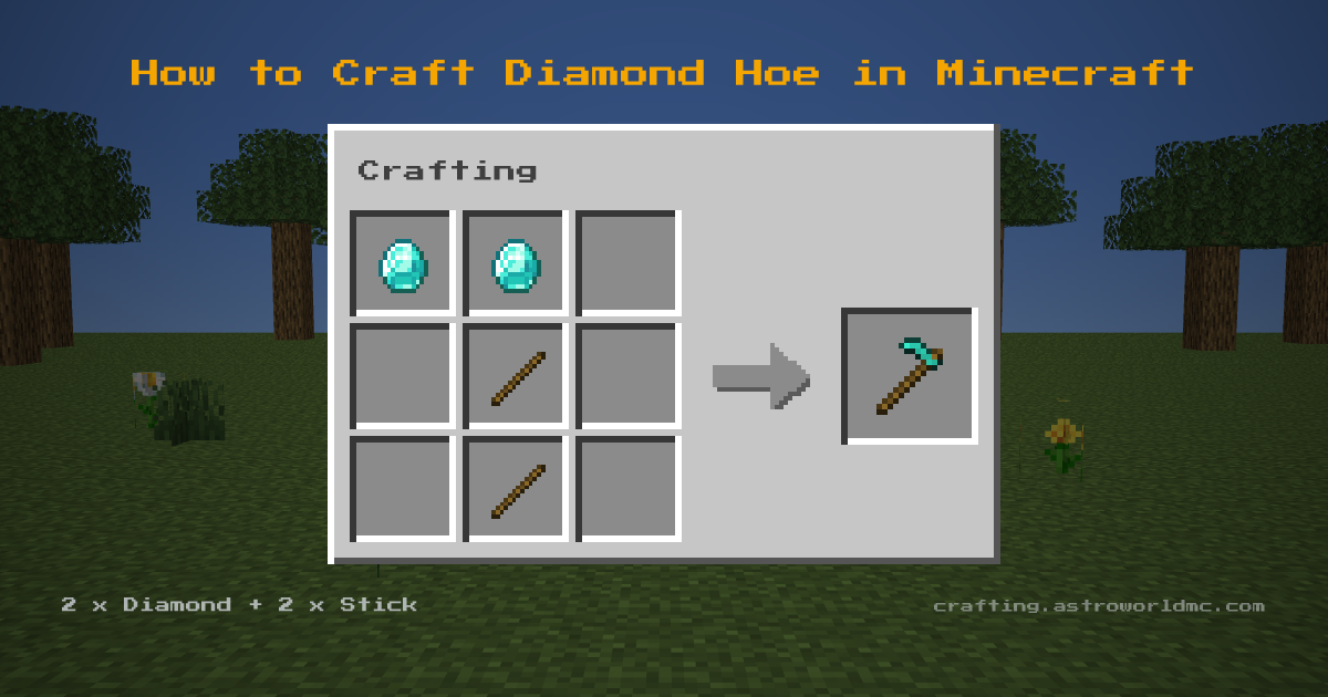 Minecraft crafting recipe for Diamond Hoe: 2 x Diamond, 2 x Stick in a crafting table, making 1 Diamond Hoe.