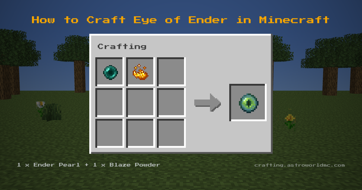 Minecraft crafting recipe for Eye of Ender: 1 x Ender Pearl, 1 x Blaze Powder in a crafting table, making 1 Eye of Ender.