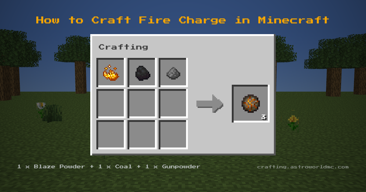 Minecraft crafting recipe for Fire Charge: 1 x Blaze Powder, 1 x Coal, 1 x Gunpowder in a crafting table, making 3 Fire Charge.