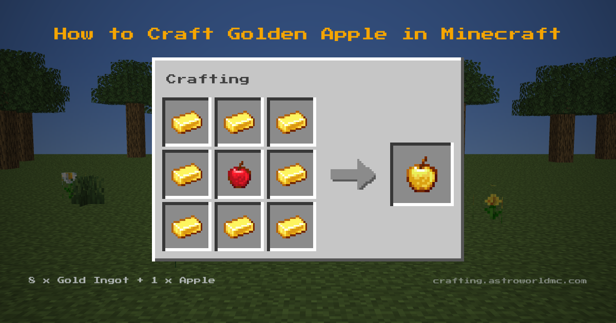 Minecraft crafting recipe for Golden Apple: 8 x Gold Ingot, 1 x Apple in a crafting table, making 1 Golden Apple.