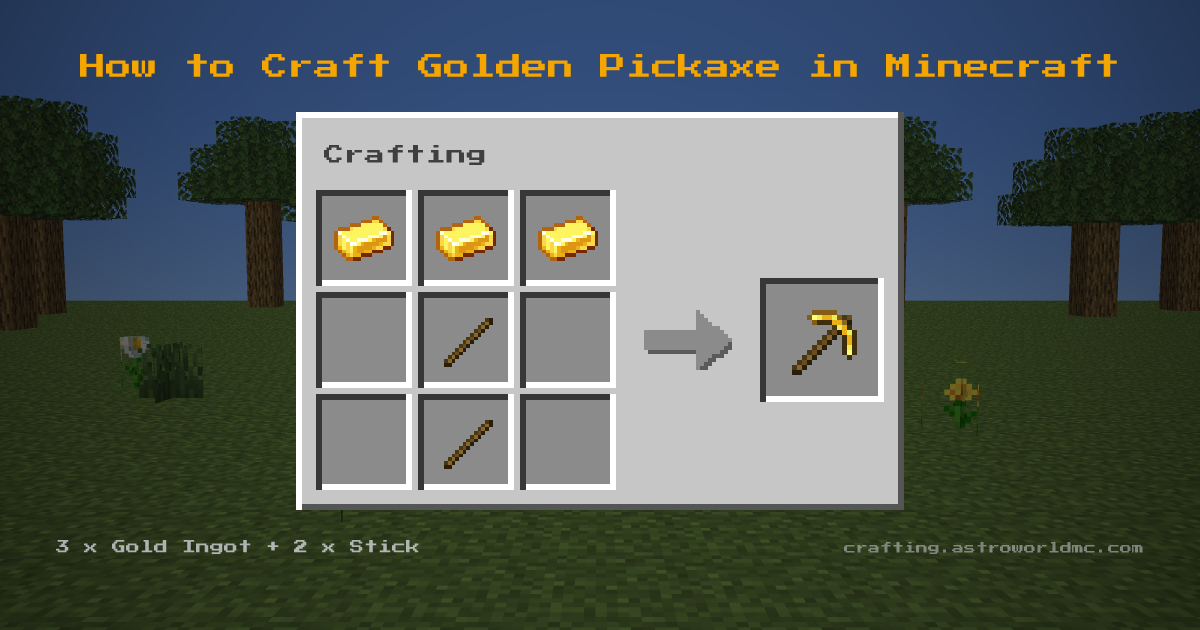 Minecraft crafting recipe for Golden Pickaxe: 3 x Gold Ingot, 2 x Stick in a crafting table, making 1 Golden Pickaxe.