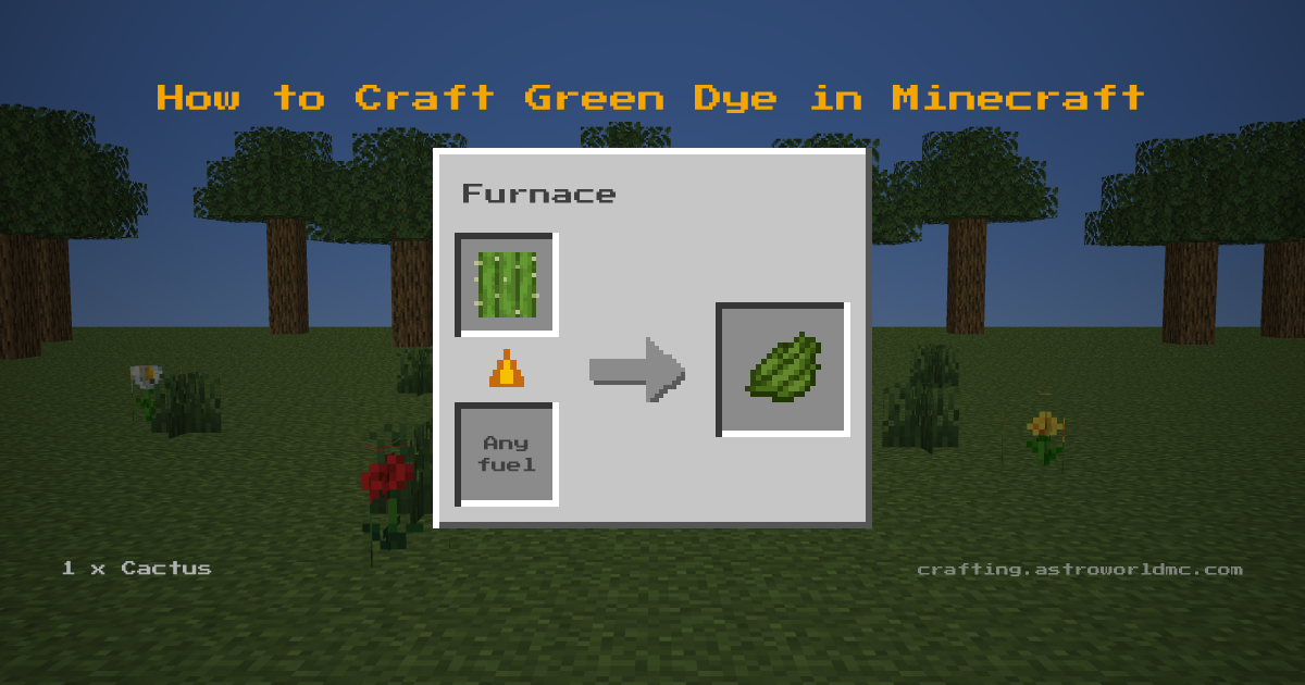 Minecraft crafting recipe for Green Dye: 1 x Cactus in a furnace, making 1 Green Dye.