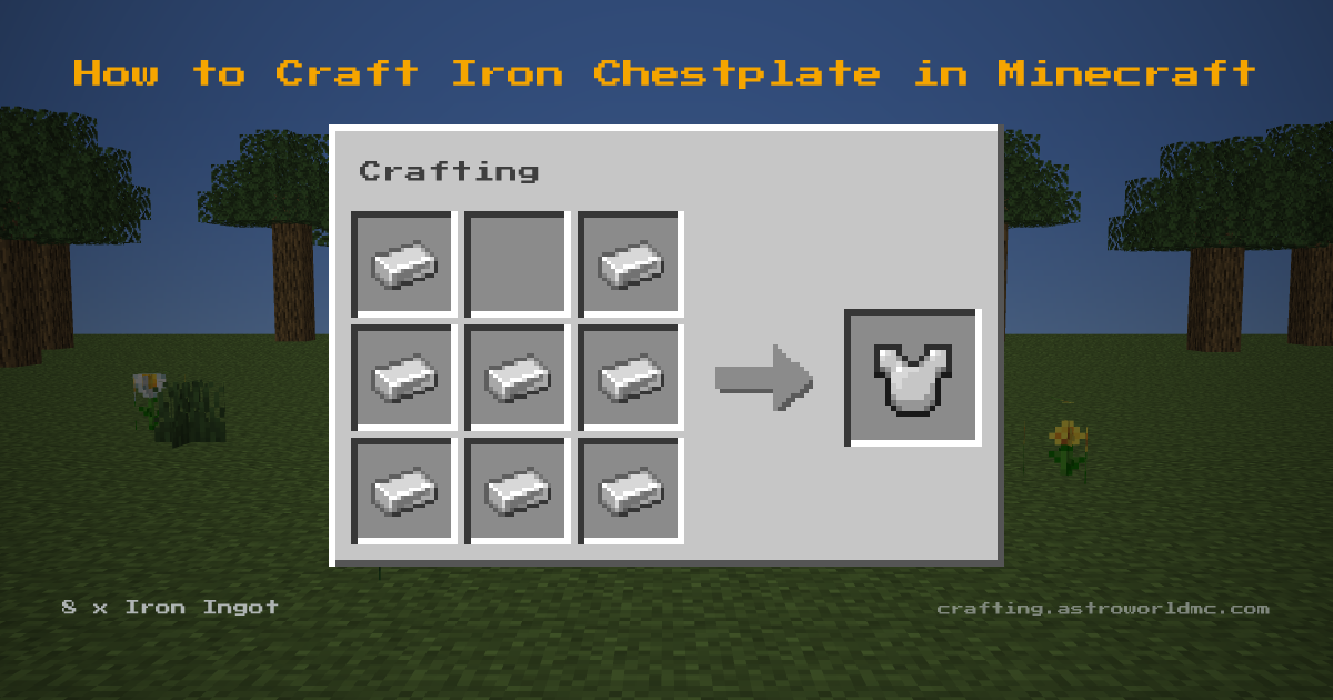 Minecraft crafting recipe for Iron Chestplate: 8 x Iron Ingot in a crafting table, making 1 Iron Chestplate.