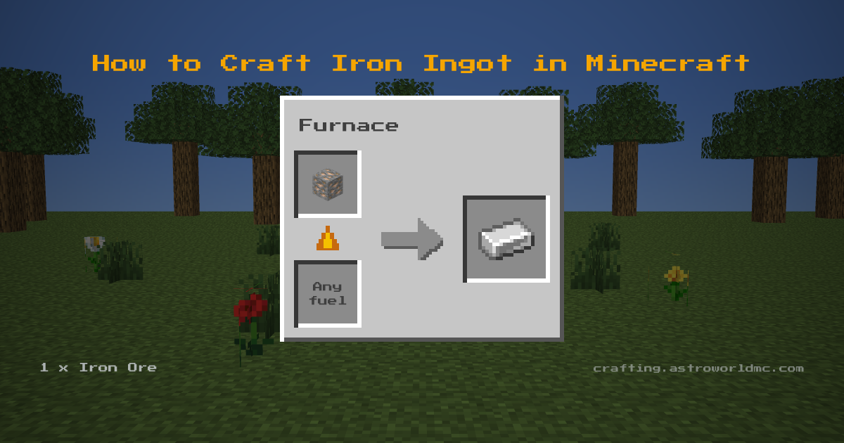 Minecraft crafting recipe for Iron Ingot: 1 x Iron Ore in a furnace, making 1 Iron Ingot.