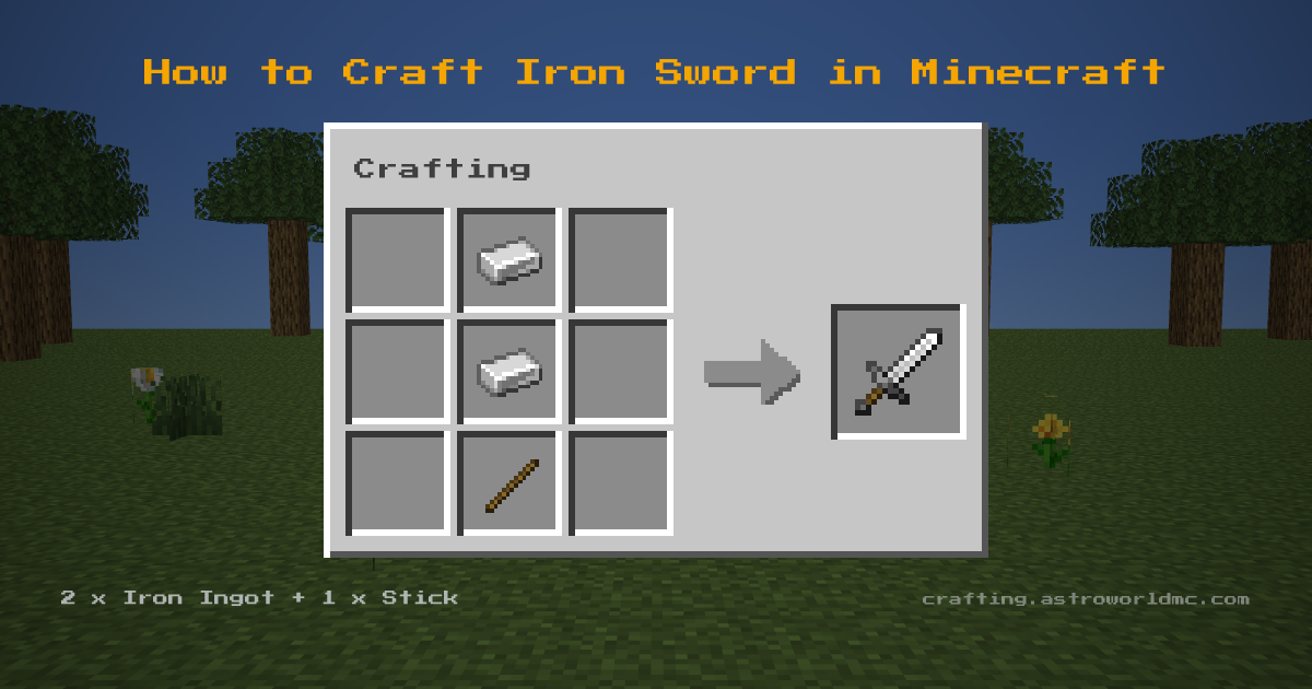 Minecraft crafting recipe for Iron Sword: 2 x Iron Ingot, 1 x Stick in a crafting table, making 1 Iron Sword.