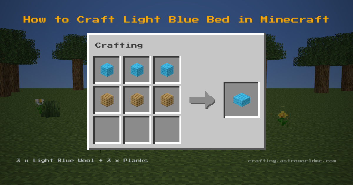 Minecraft crafting recipe for Light Blue Bed: 3 x Light Blue Wool, 3 x Planks in a crafting table, making 1 Light Blue Bed.