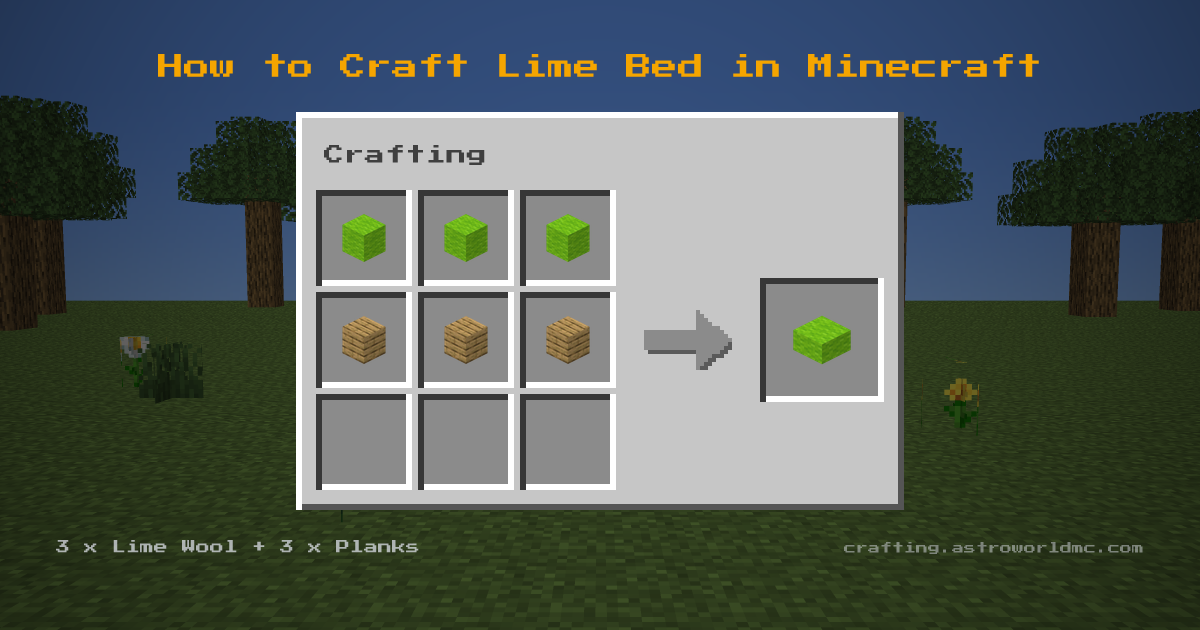 Minecraft crafting recipe for Lime Bed: 3 x Lime Wool, 3 x Planks in a crafting table, making 1 Lime Bed.