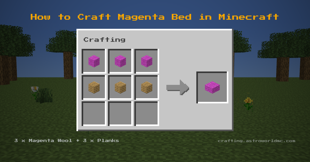 Minecraft crafting recipe for Magenta Bed: 3 x Magenta Wool, 3 x Planks in a crafting table, making 1 Magenta Bed.