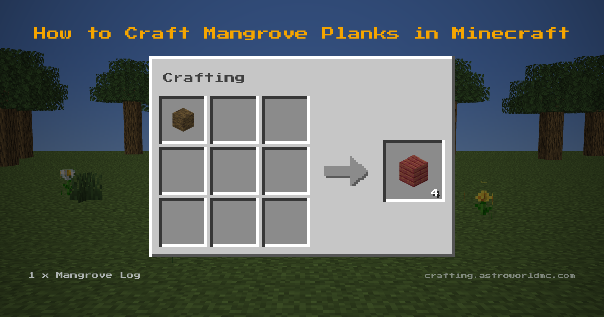 Minecraft crafting recipe for Mangrove Planks: 1 x Mangrove Log in a crafting table, making 4 Mangrove Planks.