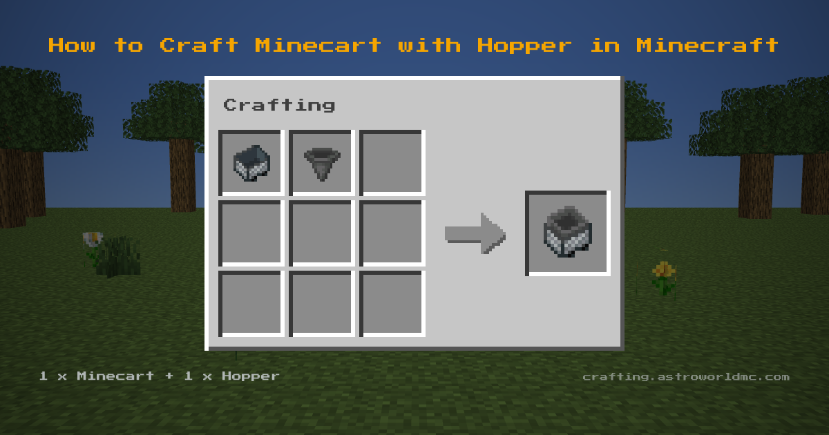 Minecraft crafting recipe for Minecart with Hopper: 1 x Minecart, 1 x Hopper in a crafting table, making 1 Minecart with Hopper.