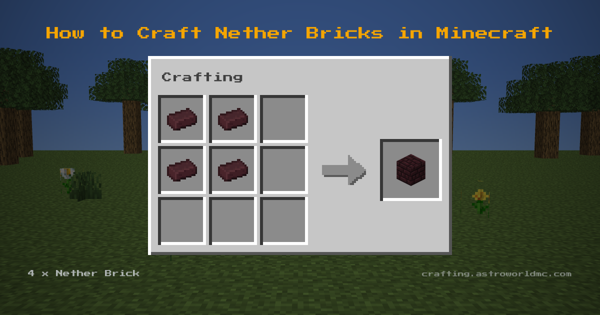 Minecraft crafting recipe for Nether Bricks: 4 x Nether Brick in a crafting table, making 1 Nether Bricks.
