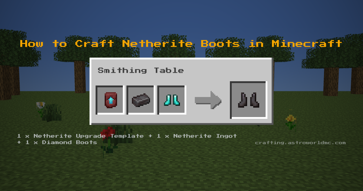 Minecraft crafting recipe for Netherite Boots: 1 x Netherite Upgrade Template, 1 x Netherite Ingot, 1 x Diamond Boots in a smithing table, making 1 Netherite Boots.