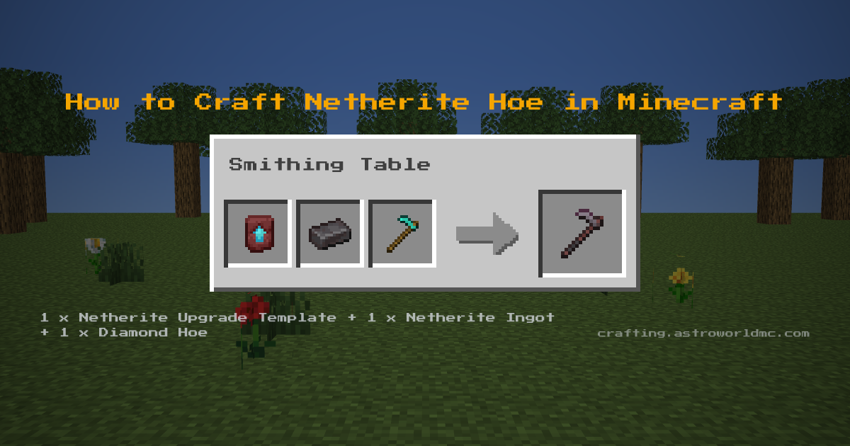 Minecraft crafting recipe for Netherite Hoe: 1 x Netherite Upgrade Template, 1 x Netherite Ingot, 1 x Diamond Hoe in a smithing table, making 1 Netherite Hoe.