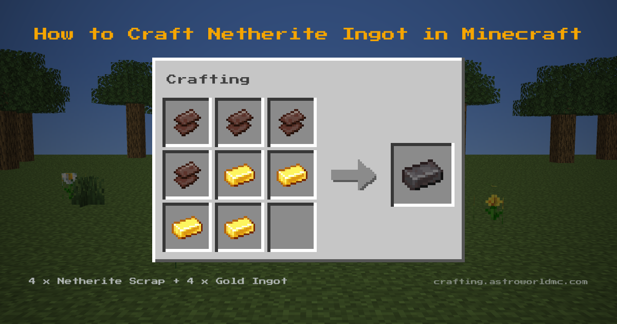 Minecraft crafting recipe for Netherite Ingot: 4 x Netherite Scrap, 4 x Gold Ingot in a crafting table, making 1 Netherite Ingot.