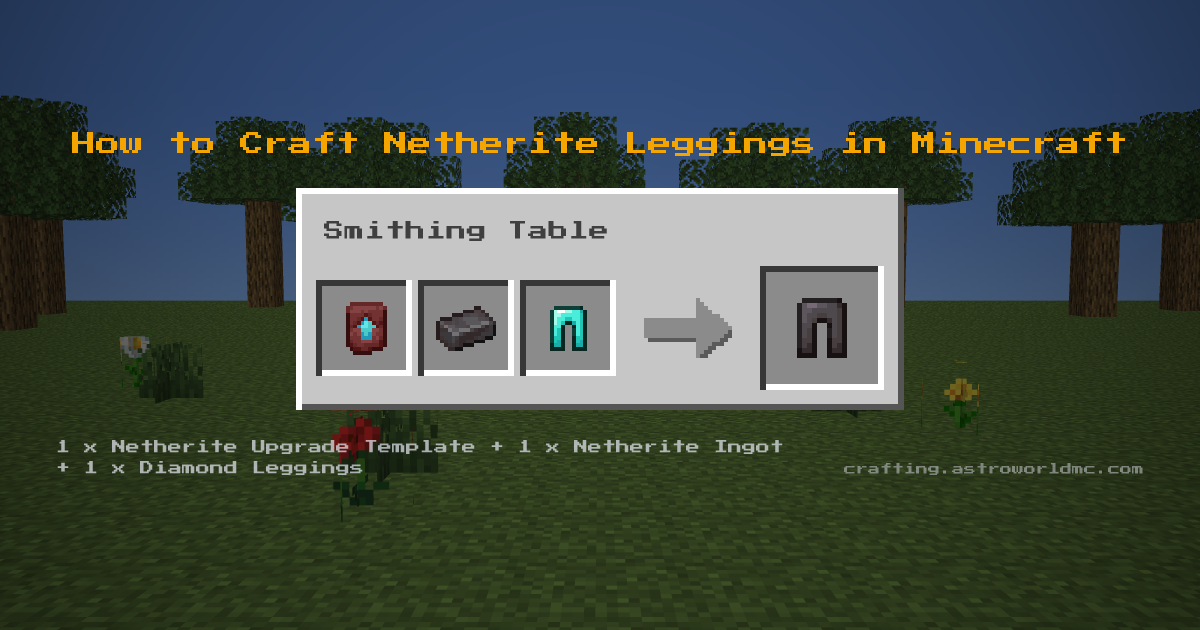 Minecraft crafting recipe for Netherite Leggings: 1 x Netherite Upgrade Template, 1 x Netherite Ingot, 1 x Diamond Leggings in a smithing table, making 1 Netherite Leggings.