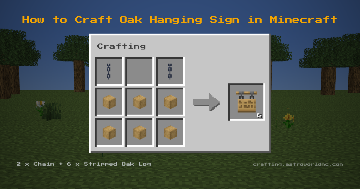 Minecraft crafting recipe for Oak Hanging Sign: 2 x Chain, 6 x Stripped Oak Log in a crafting table, making 6 Oak Hanging Sign.