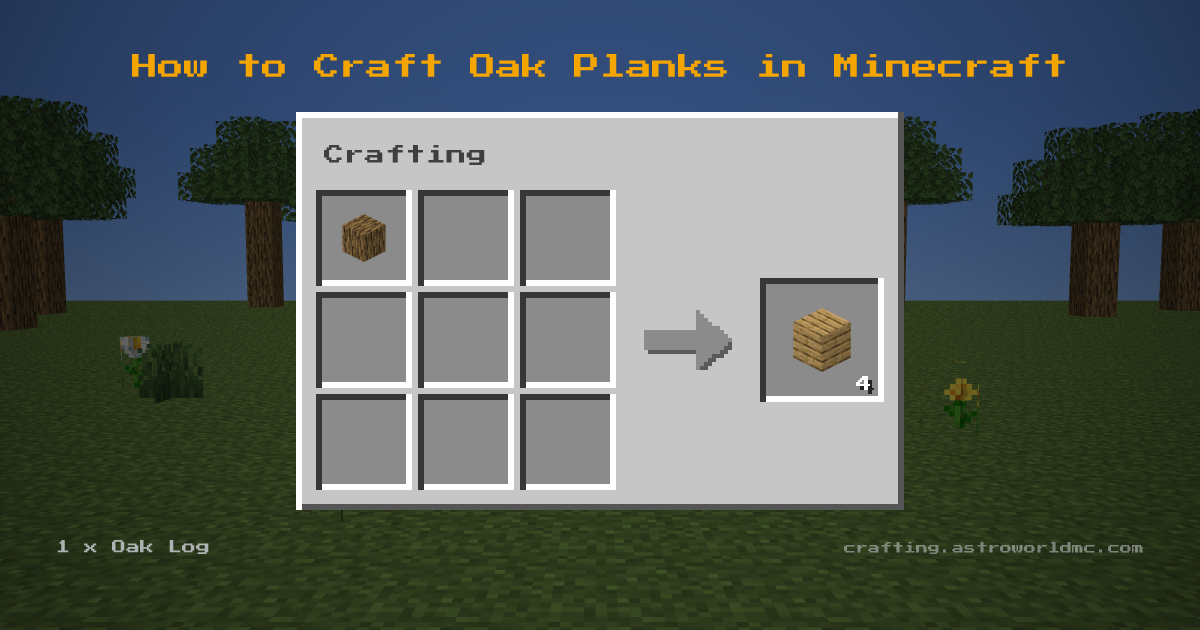 Minecraft crafting recipe for Oak Planks: 1 x Oak Log in a crafting table, making 4 Oak Planks.