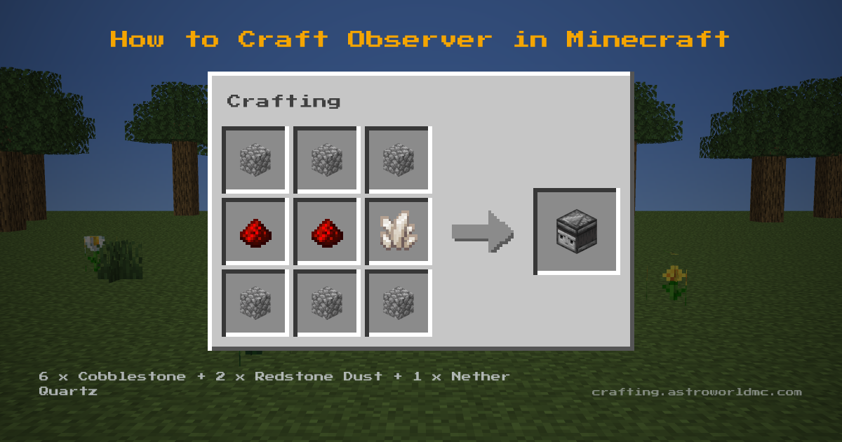 Minecraft crafting recipe for Observer: 6 x Cobblestone, 2 x Redstone Dust, 1 x Nether Quartz in a crafting table, making 1 Observer.