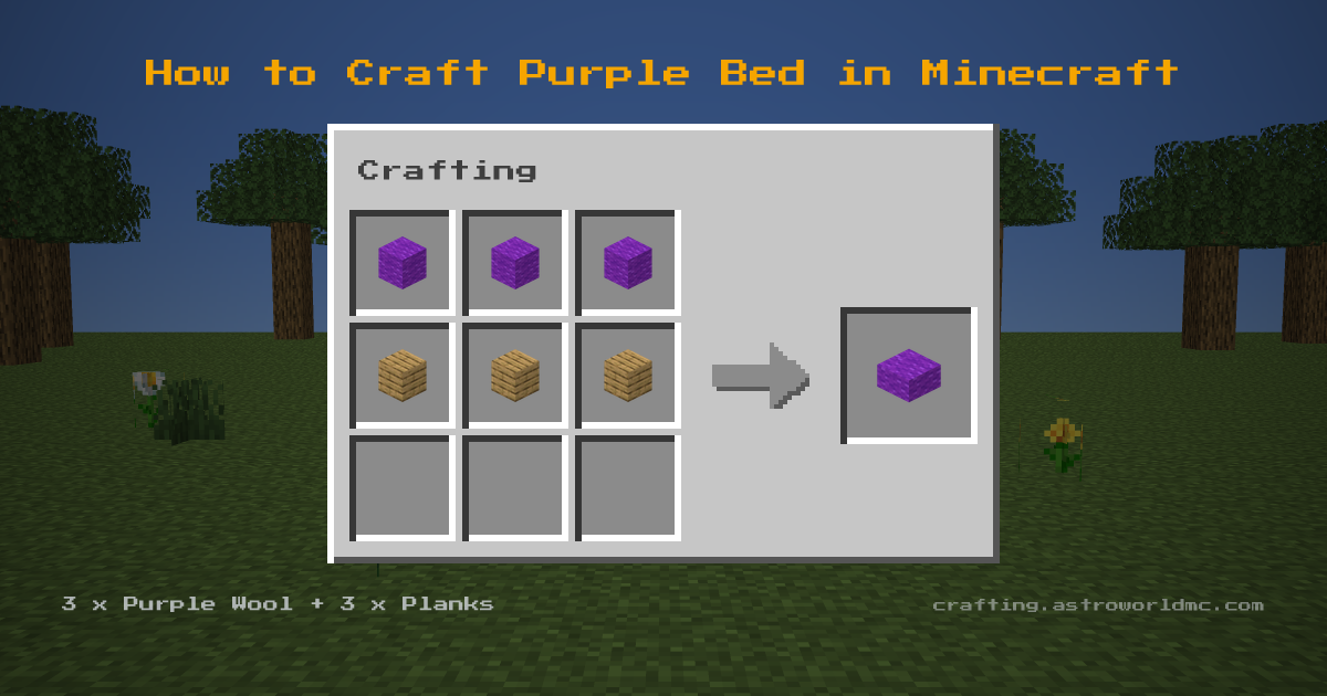 Minecraft crafting recipe for Purple Bed: 3 x Purple Wool, 3 x Planks in a crafting table, making 1 Purple Bed.