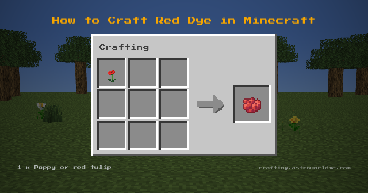 Minecraft crafting recipe for Red Dye: 1 x Poppy or red tulip in a crafting table, making 1 Red Dye.