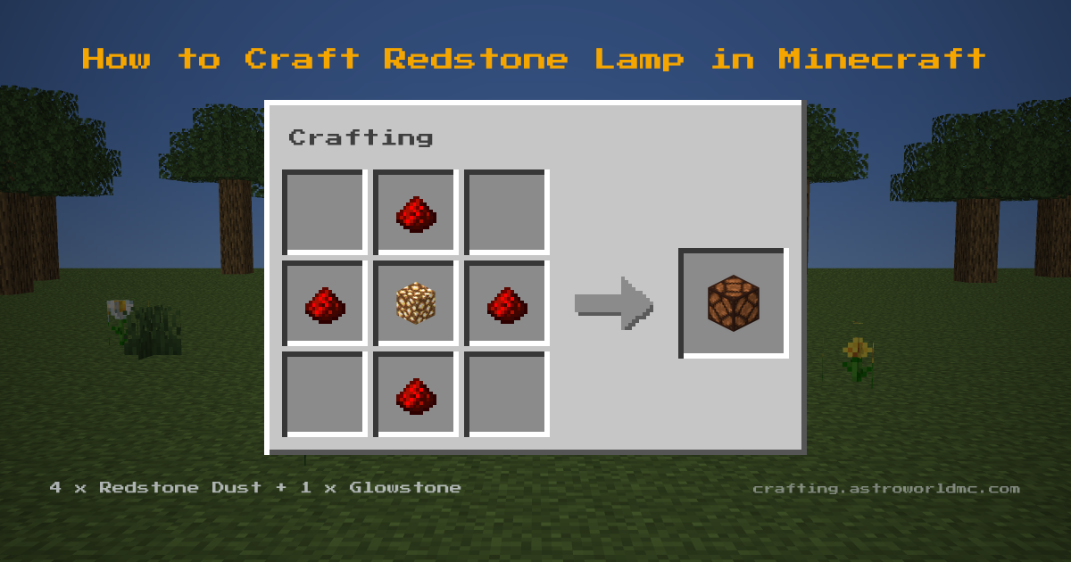 Minecraft crafting recipe for Redstone Lamp: 4 x Redstone Dust, 1 x Glowstone in a crafting table, making 1 Redstone Lamp.