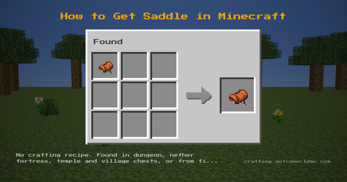 Saddle in Minecraft. It has no crafting recipe. Found in dungeon, nether fortress, temple and village chests, or from fishing and trading.