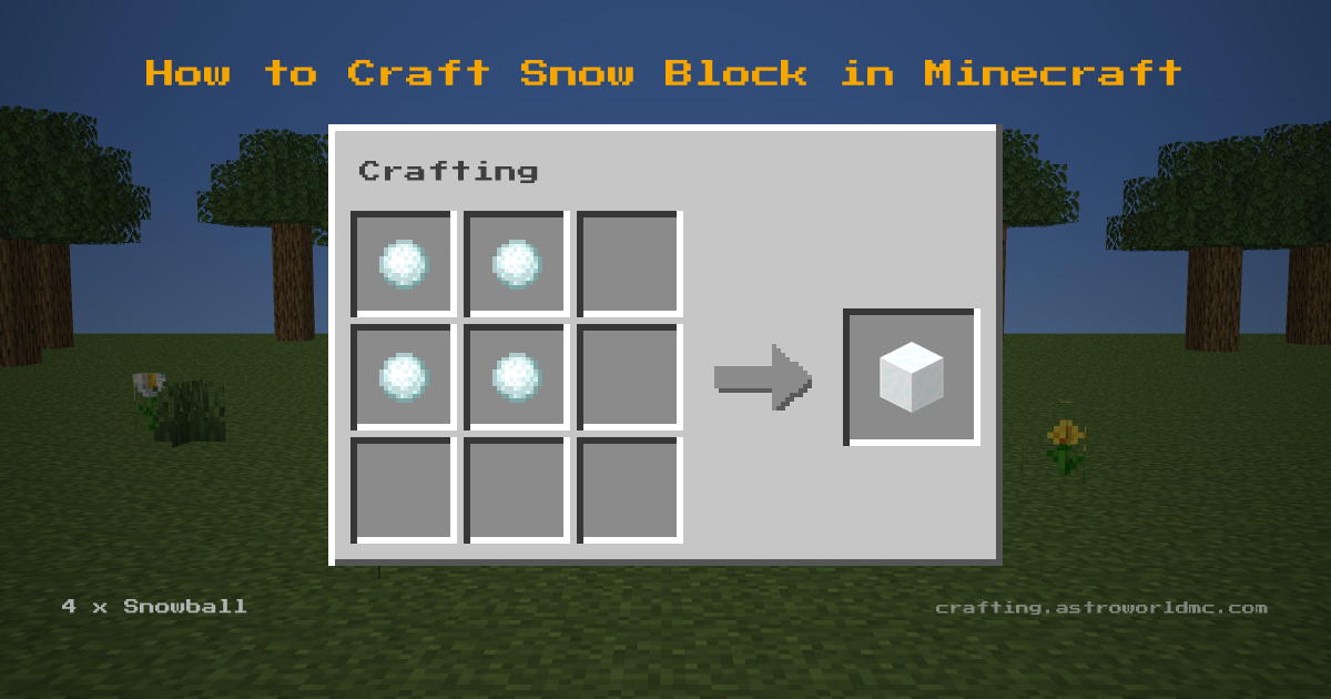 Minecraft crafting recipe for Snow Block: 4 x Snowball in a crafting table, making 1 Snow Block.