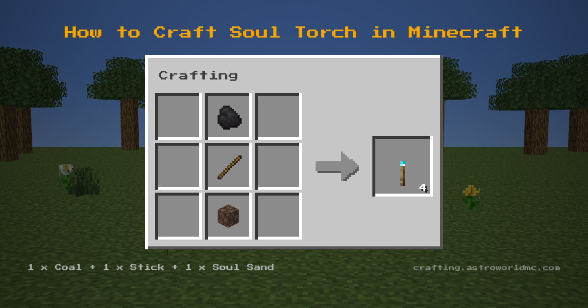 Minecraft crafting recipe for Soul Torch: 1 x Coal, 1 x Stick, 1 x Soul Sand in a crafting table, making 4 Soul Torch.